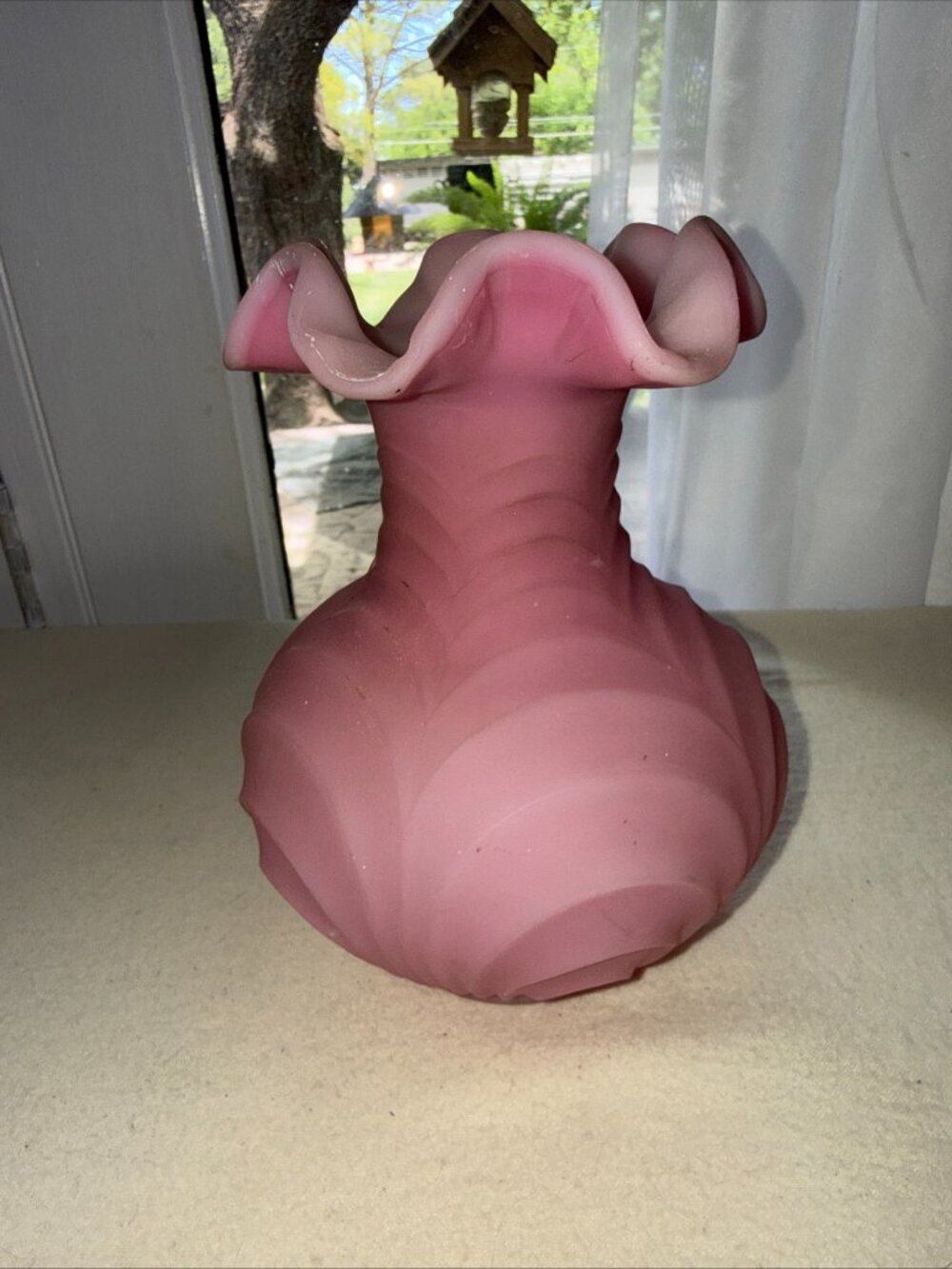 VTG Fenton Rose Pink Satin Vase 8" Ruffle Drapery Art Glass MCM Shabby Ruffle